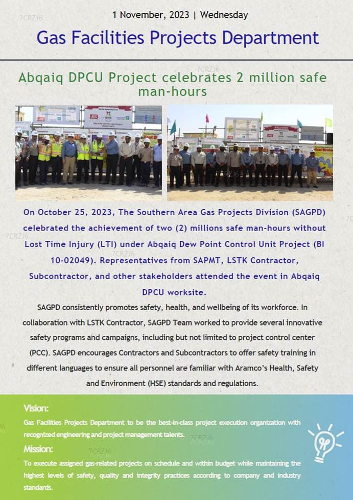 Abqaiq DPCU Project celebrates 2 million safe man-hours